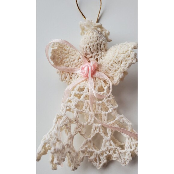 Handcrafted Angel White Crochet Starched Christmas Tree Ornament Vintage Ribbon - Picture 2 of 7